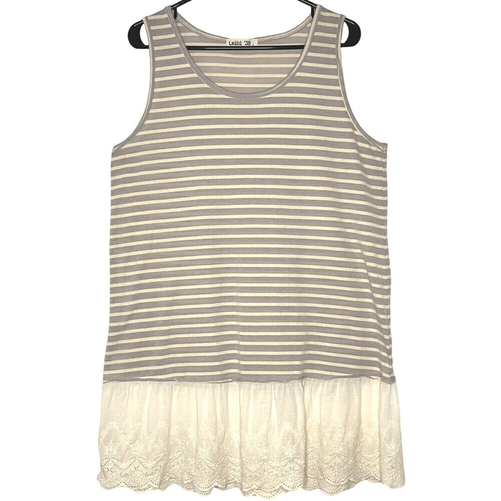 Leibl 38 Womens Tank Large Grey Stripe Cotton Round Neck Embroidered Ruffle Hem